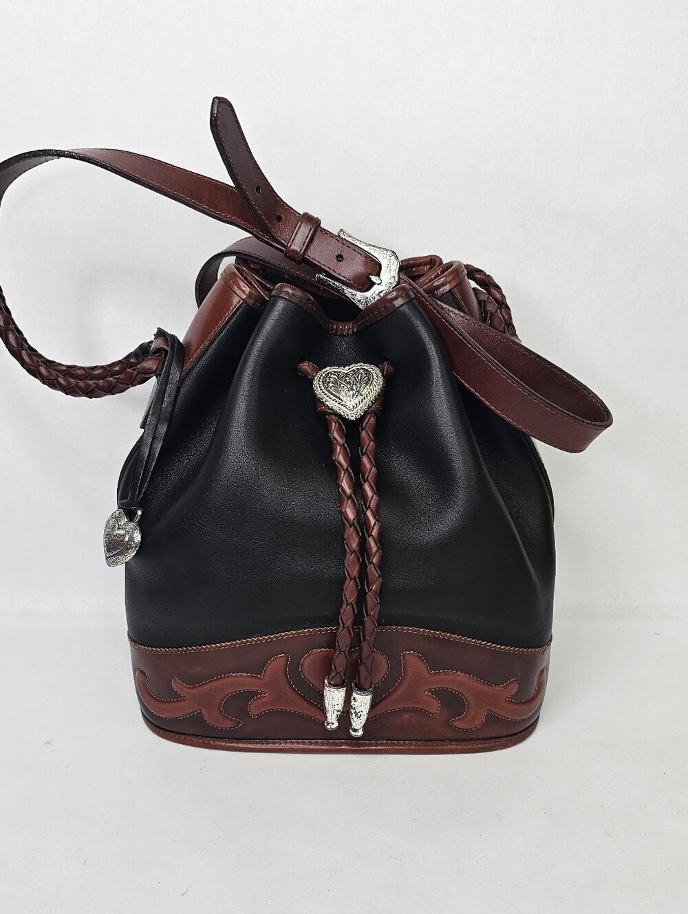 Brighton Out West Bucket Drawstring Black Brown Purse 555877